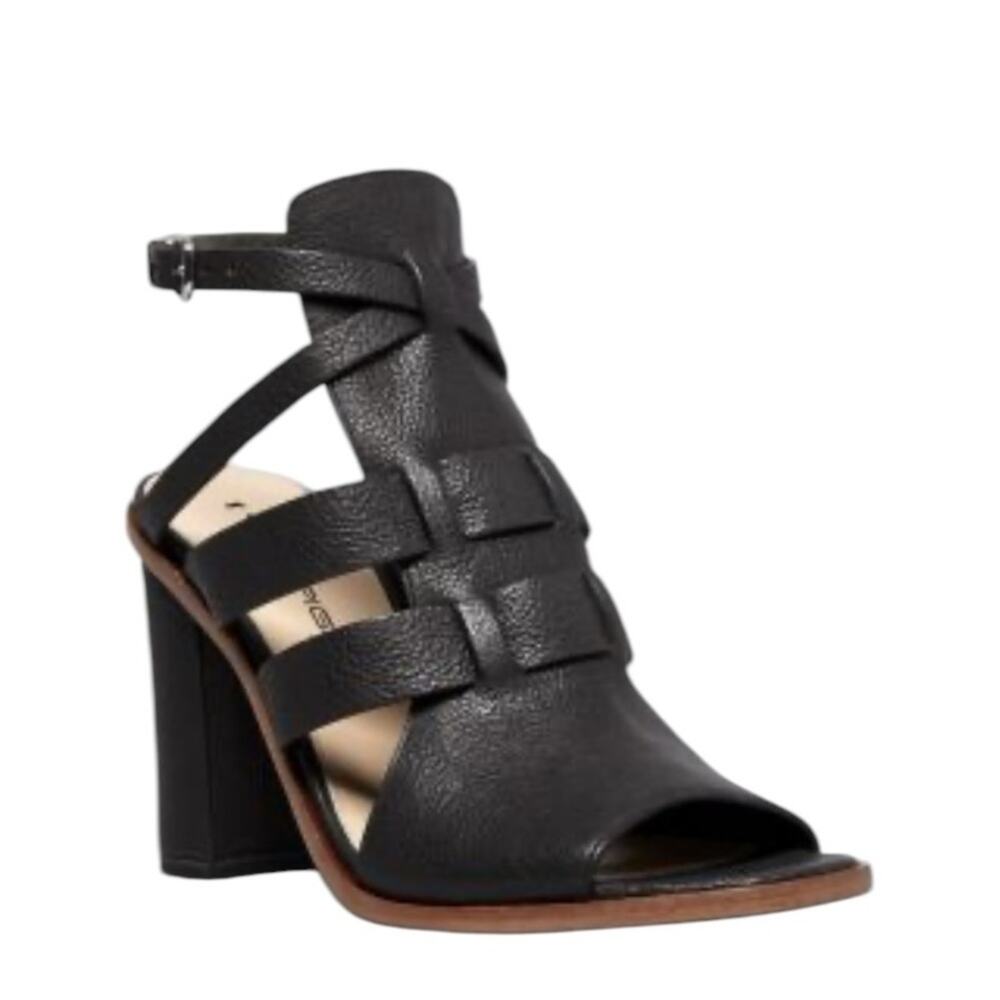 Via Spiga Brandina Black Leather Block Heel Strappy Sandals Open Toe size 8.5